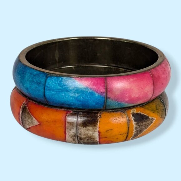 Vintage Set of 2 Brass & Bone Bangles - Picture 4 of 7